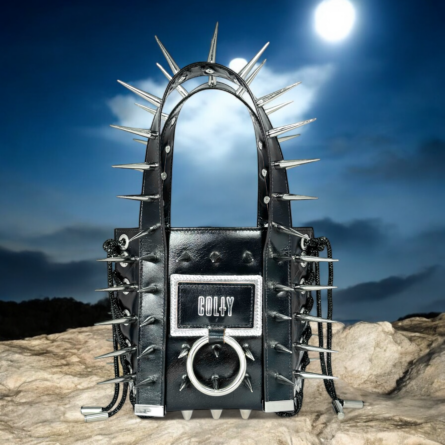 MINI PURSE : SPIKES & BLACK METALLIC LEATHER