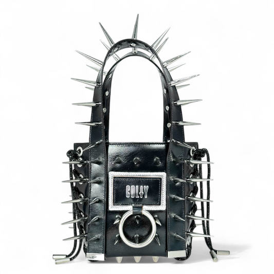 MINI PURSE : BLACK METALLIC LEATHER + SPIKES